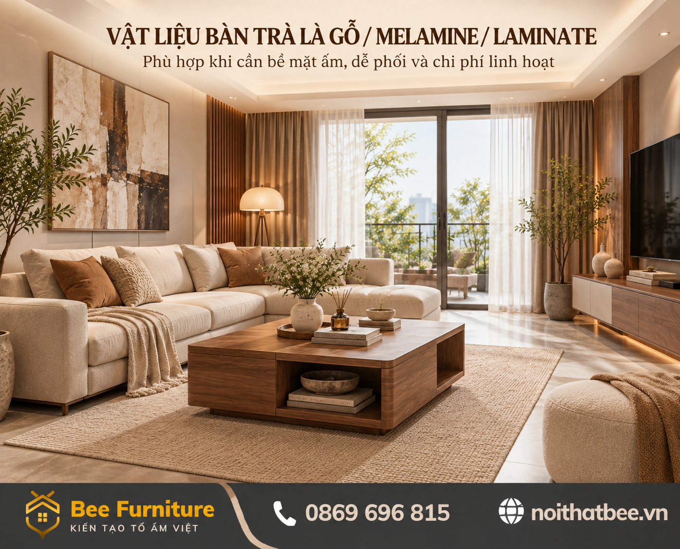 Vật liệu bàn trà là Gỗ/Melamine/Laminate