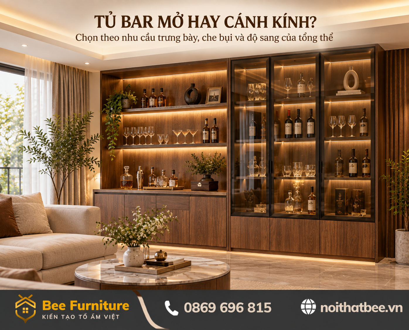 Tủ bar mở hay cánh kính?