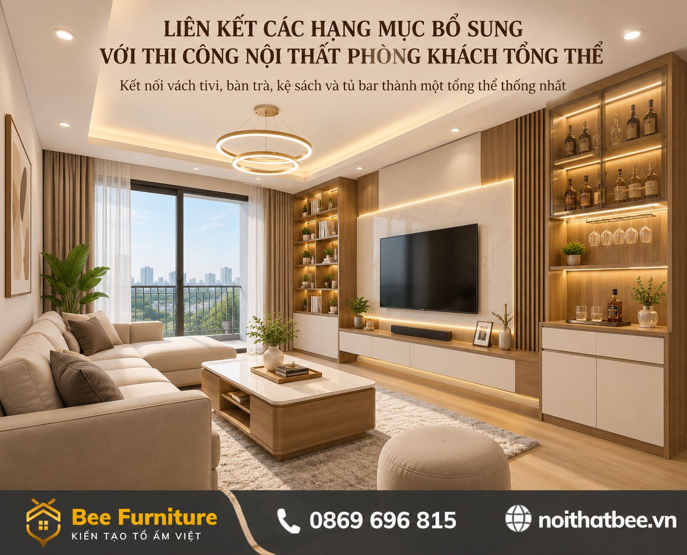 Liên kết các hạng mục bổ sung với thi công nội thất phòng khách tổng thể