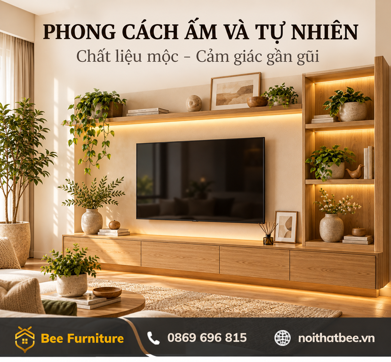 Phong cách kệ tivi ấm và tự nhiên