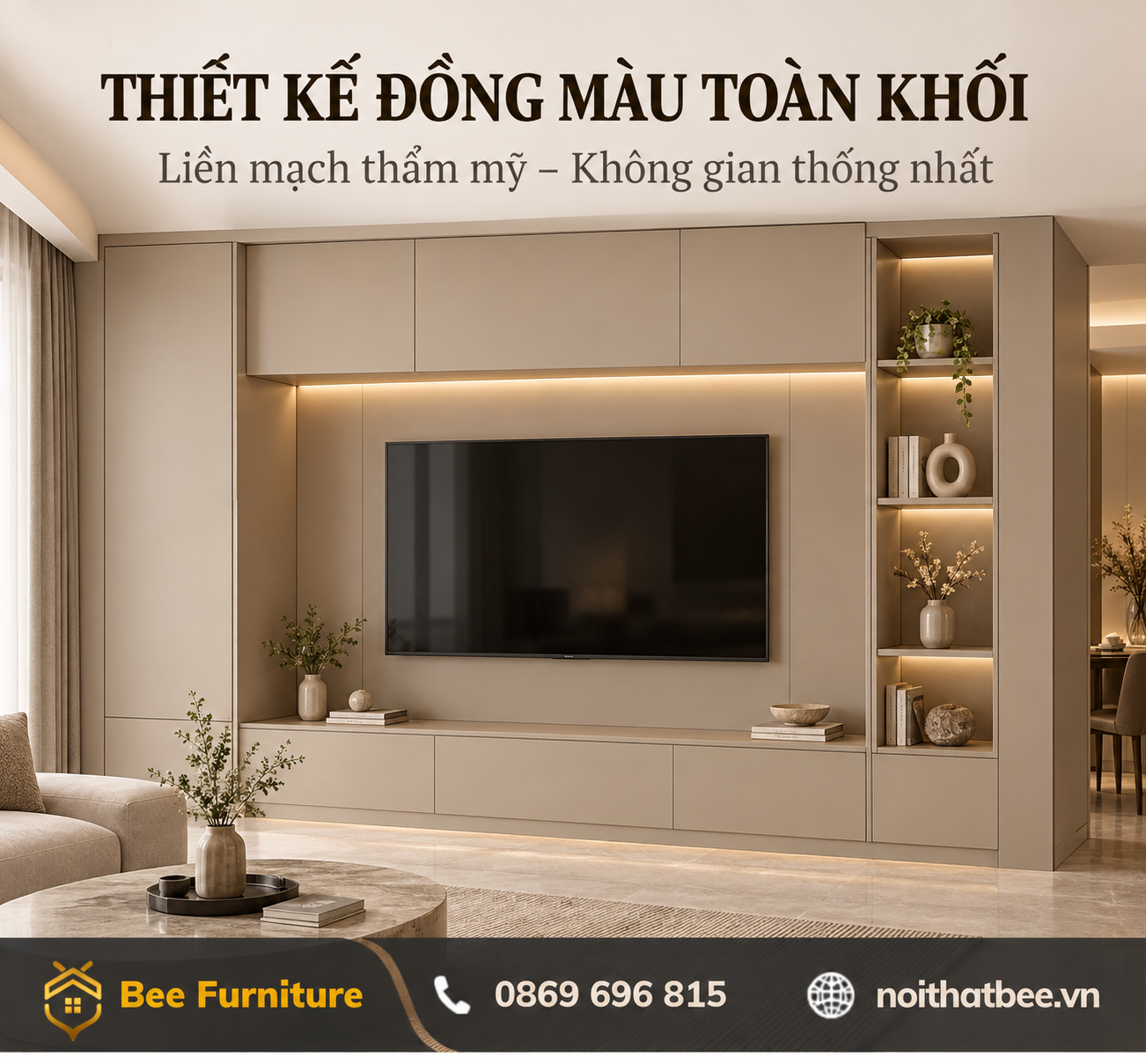 Thiết kế kệ tivi đồng màu toàn khối