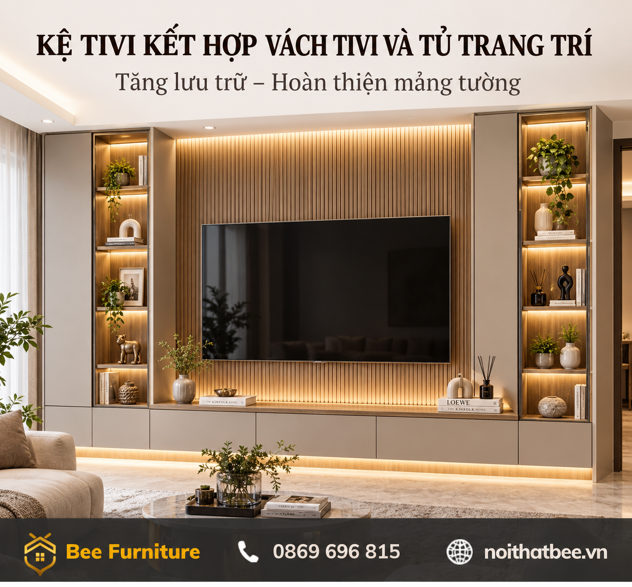 Kệ tivi kết hợp vách tivi và tủ trang trí