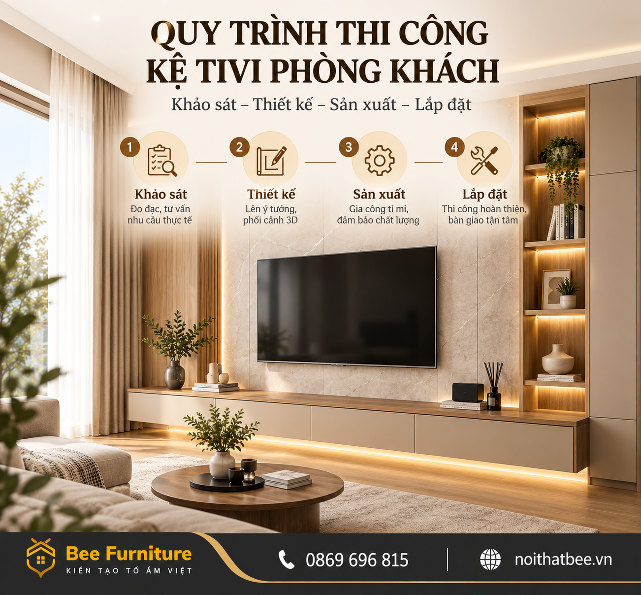 Quy trình thi công kệ tivi phòng khách