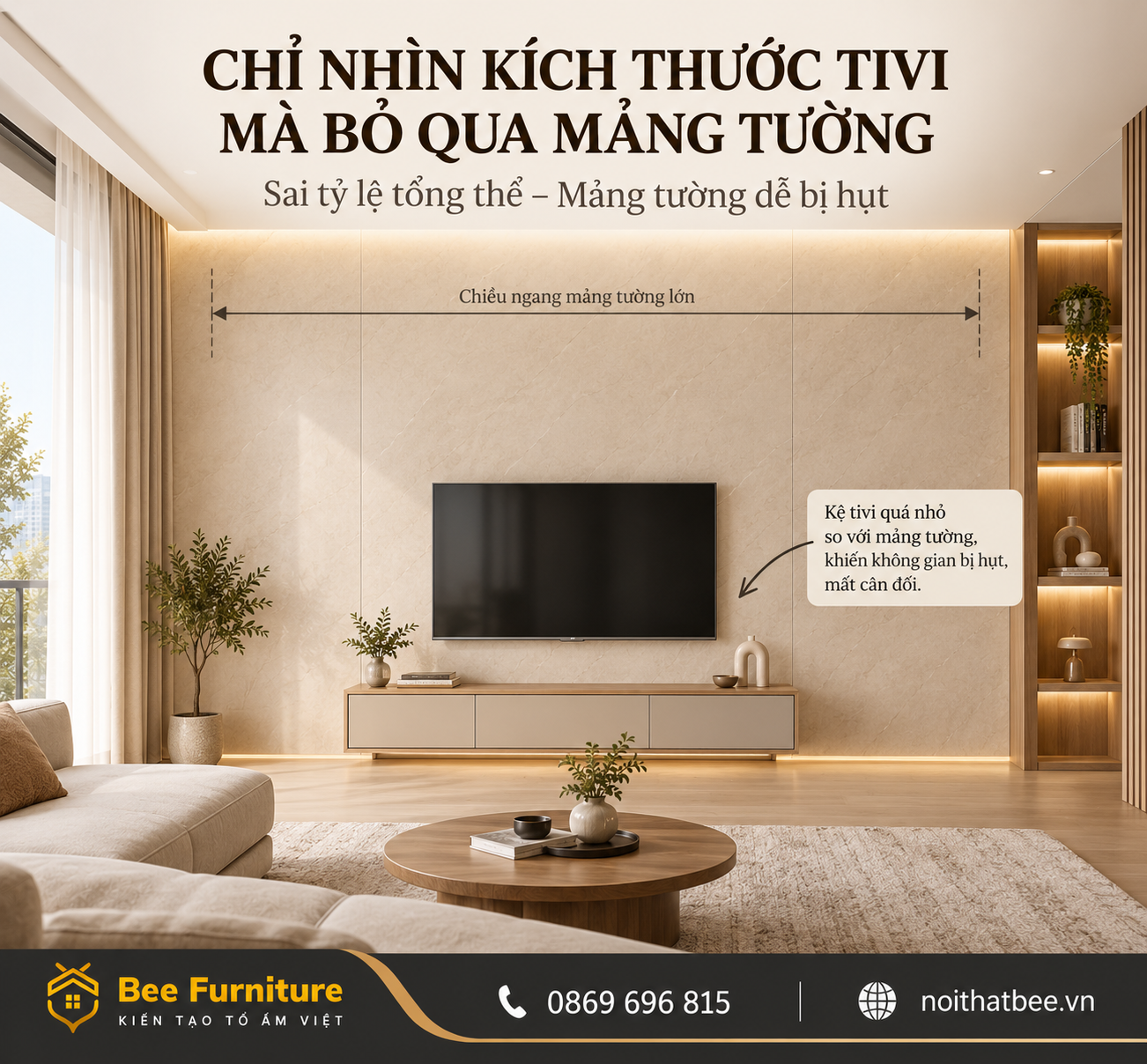 Chỉ nhìn kích thước tivi mà bỏ qua mảng tường