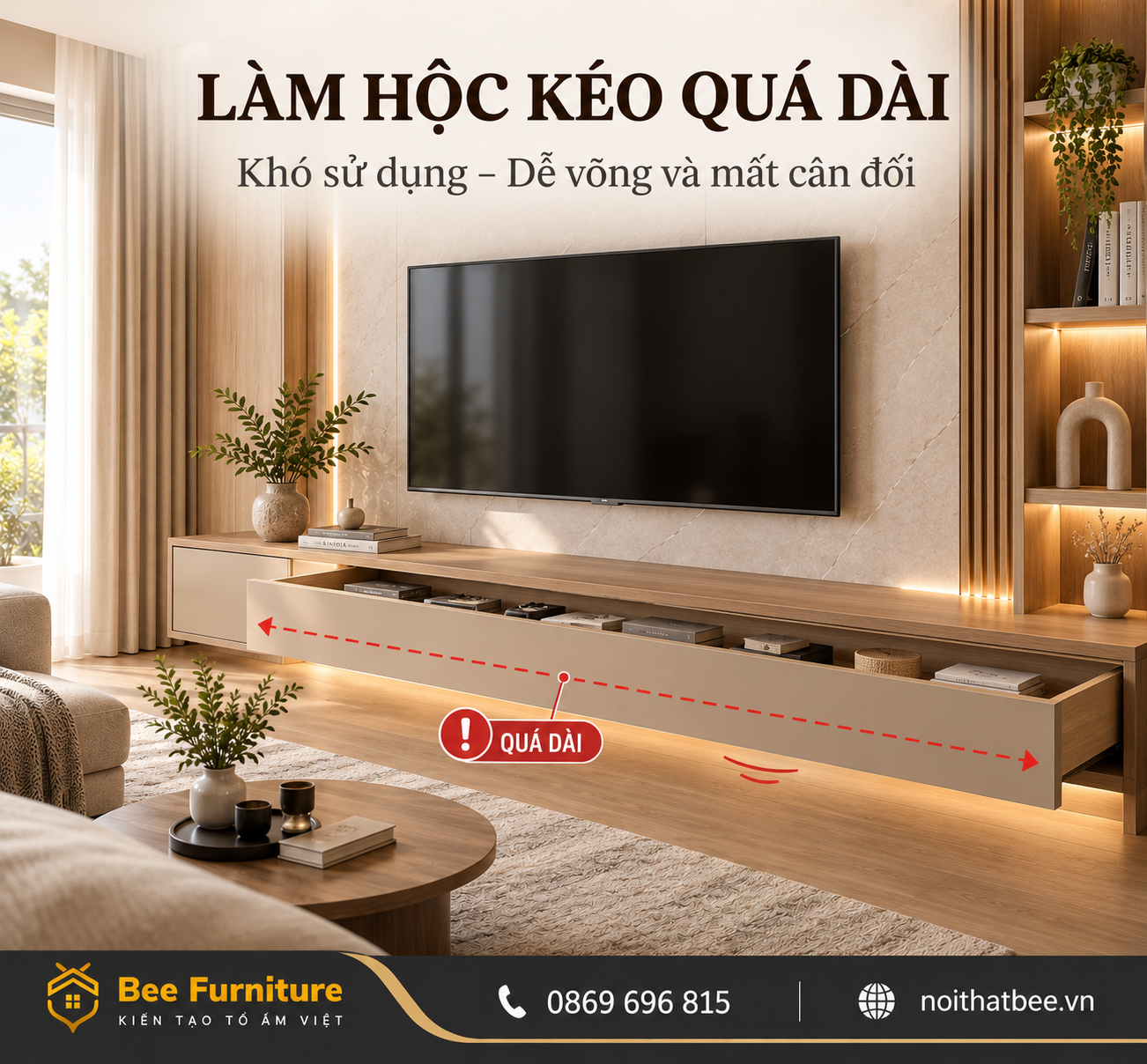 Làm hộc kéo kệ tivi quá dài