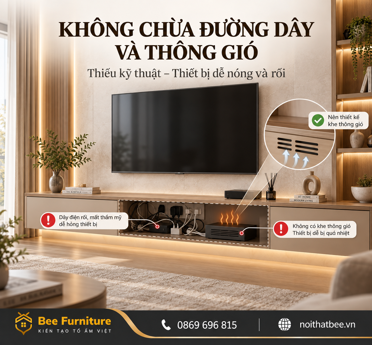 Không chừa đường dây và thông gió