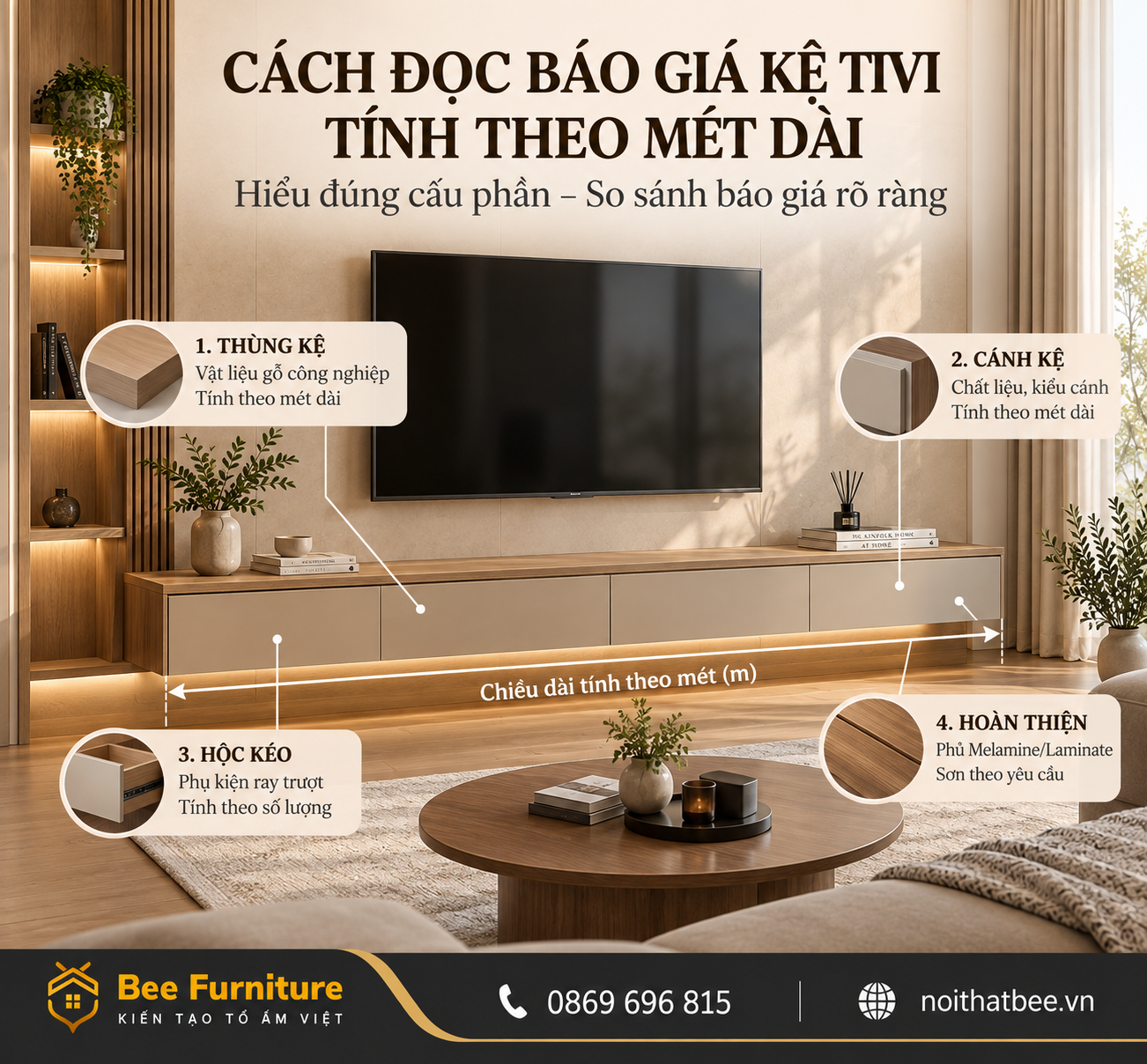 Cách đọc báo giá kệ tivi tính theo mét dài