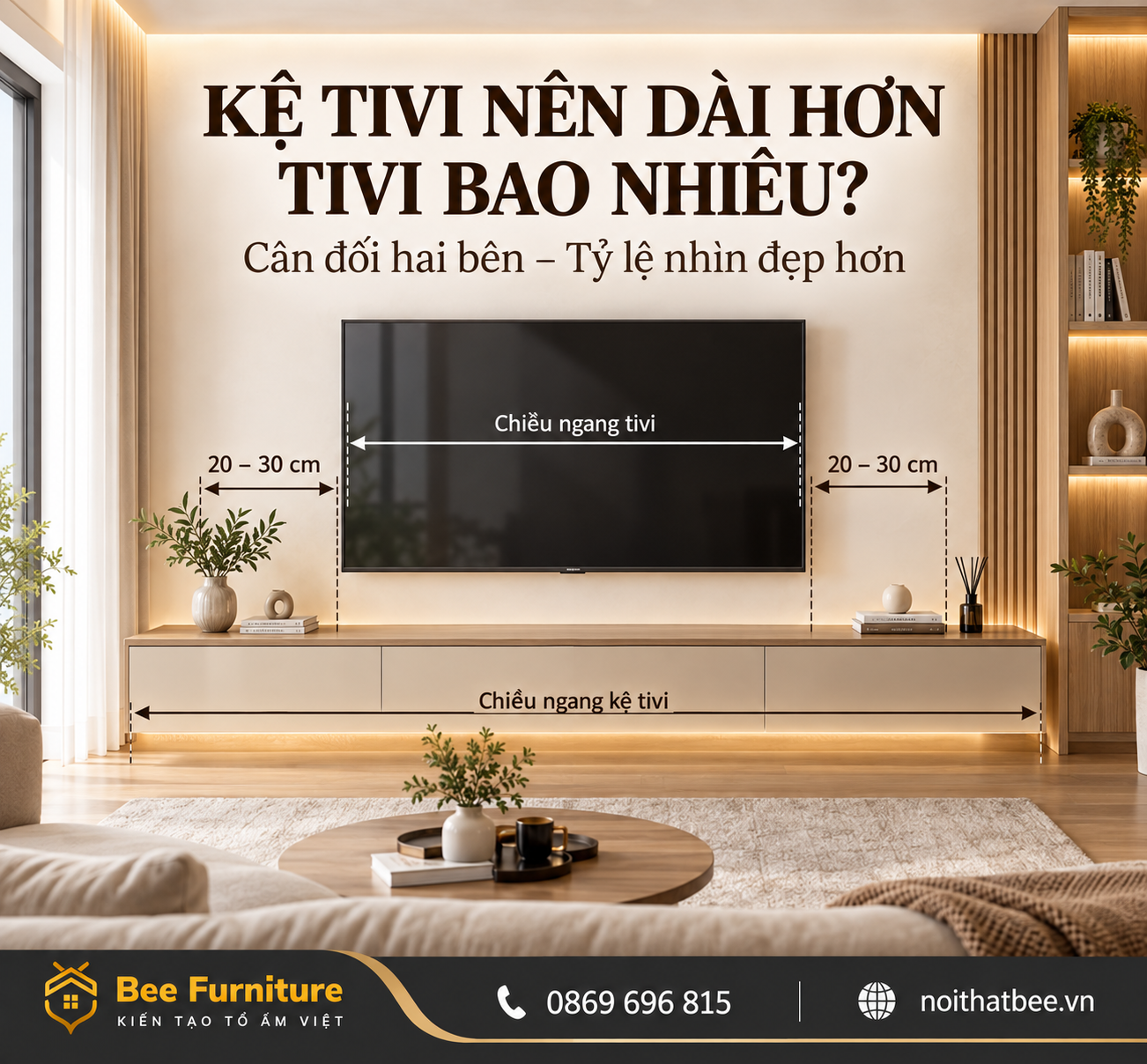 Kệ tivi nên dài hơn tivi bao nhiêu?
