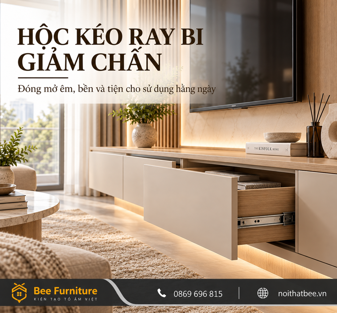 Hộc kéo kệ tivi sử dụng ray bi giảm chấn