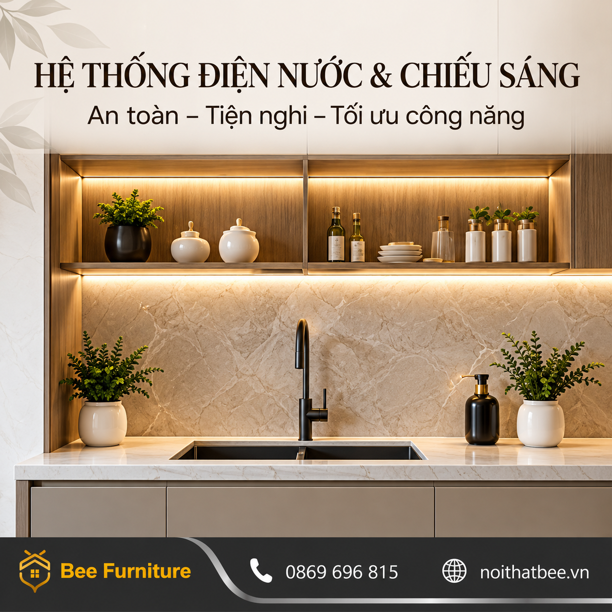 Hệ thống điện nước và chiếu sáng phòng bếp
