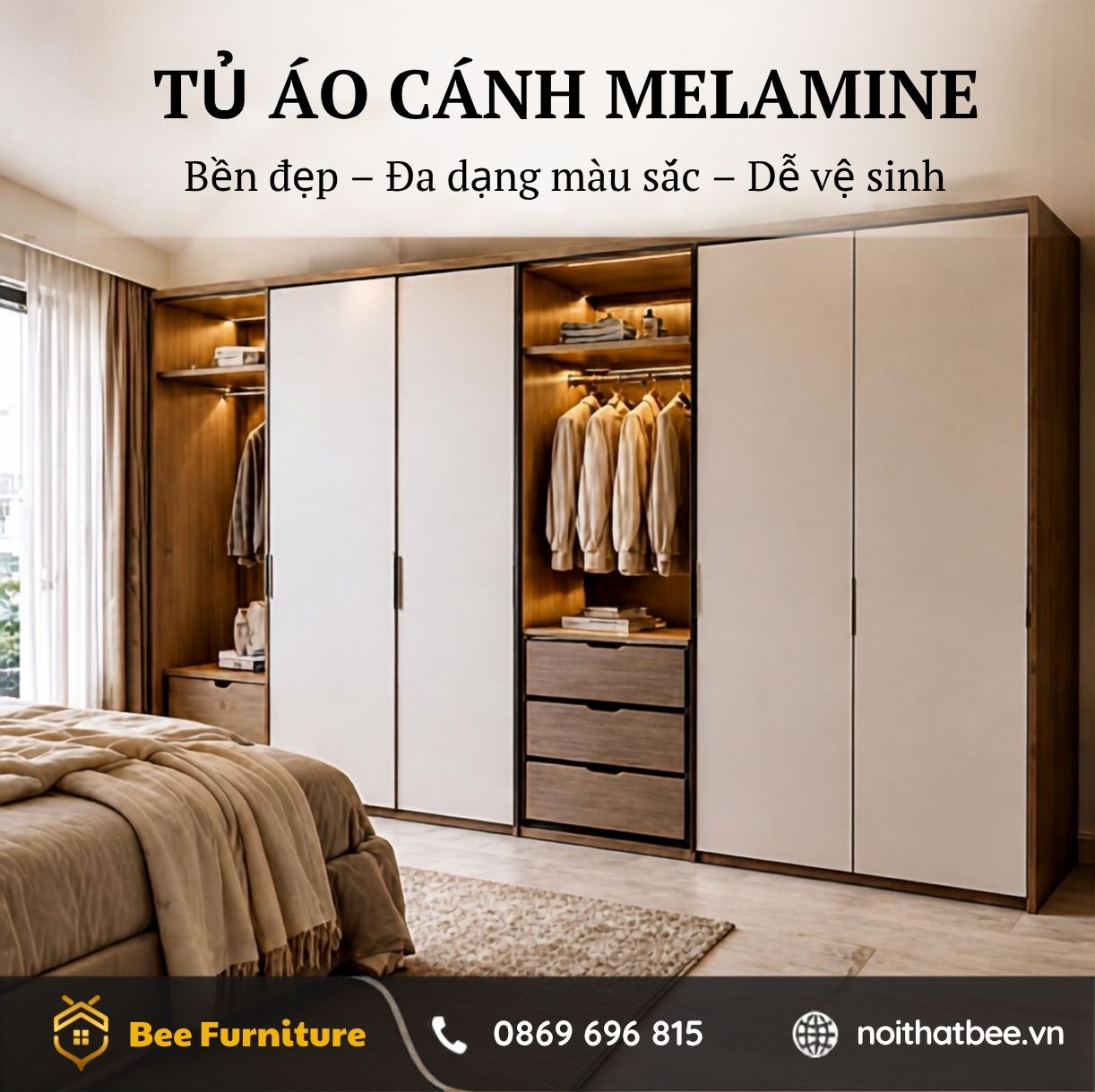 Tủ áo cánh Melamine trong phòng ngủ