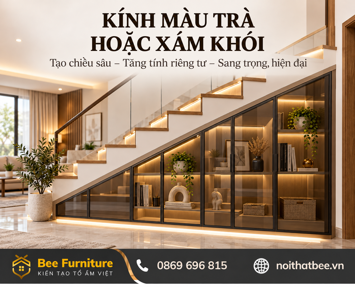 Tủ cầu thang kính màu trà hoặc xám khói