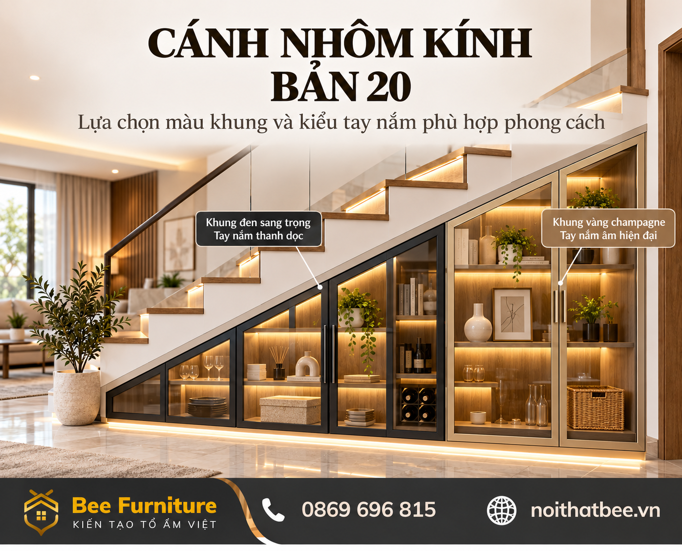 Cánh nhôm kính bản 20: lựa chọn màu và kiểu tay