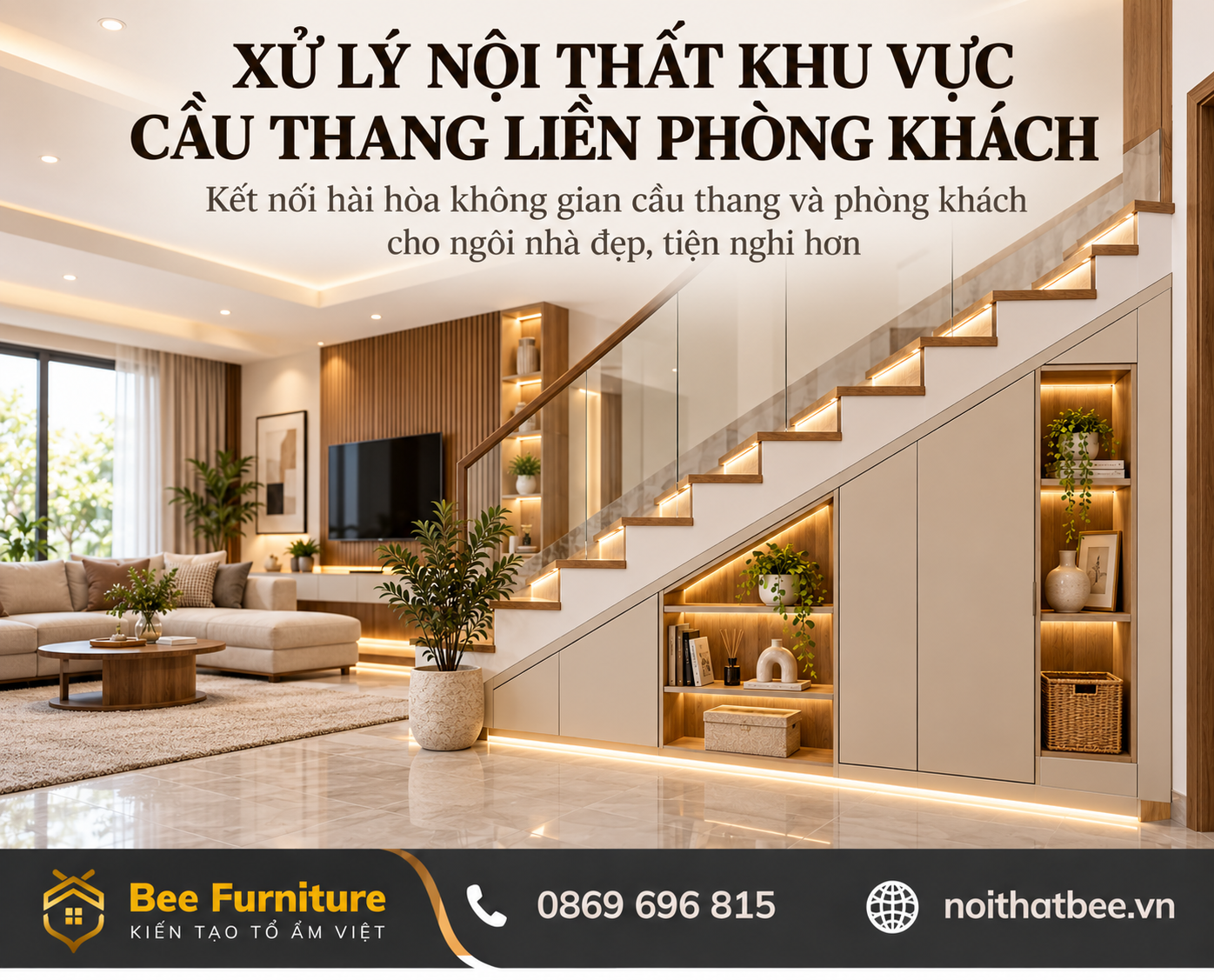 Cách xử lý nội thất khu vực cầu thang liền phòng khách