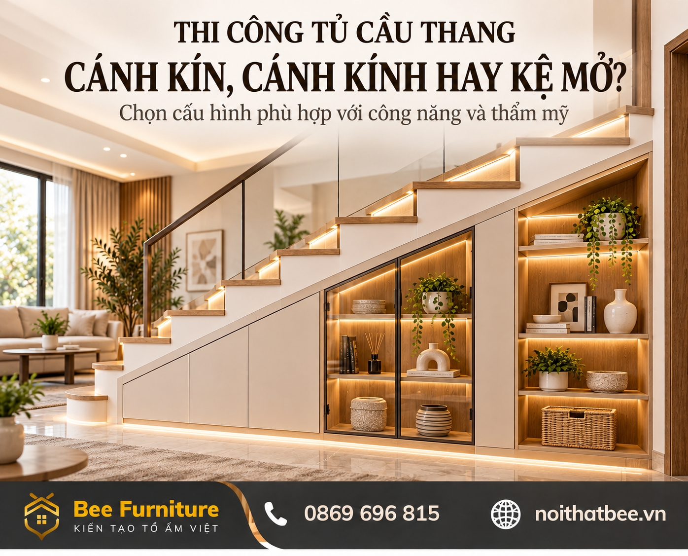 Tủ cầu thang cánh kín, cánh kính hay kệ mở?
