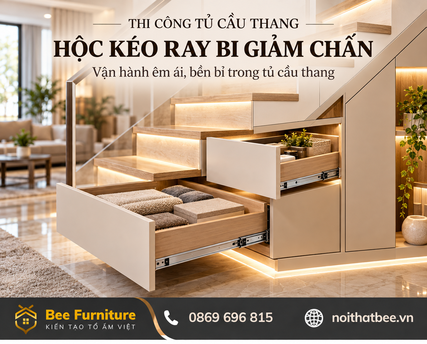 Hộc kéo ray bi giảm chấn trong tủ cầu thang