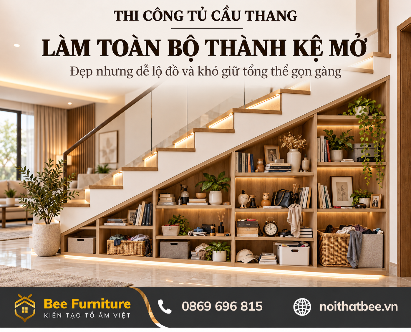Làm toàn bộ tủ cầu thang thành kệ mở