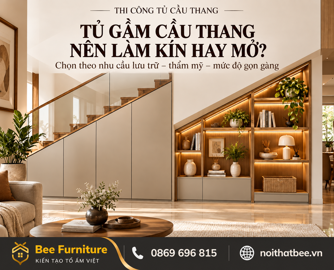 Tủ gầm cầu thang nên làm kín hay mở?