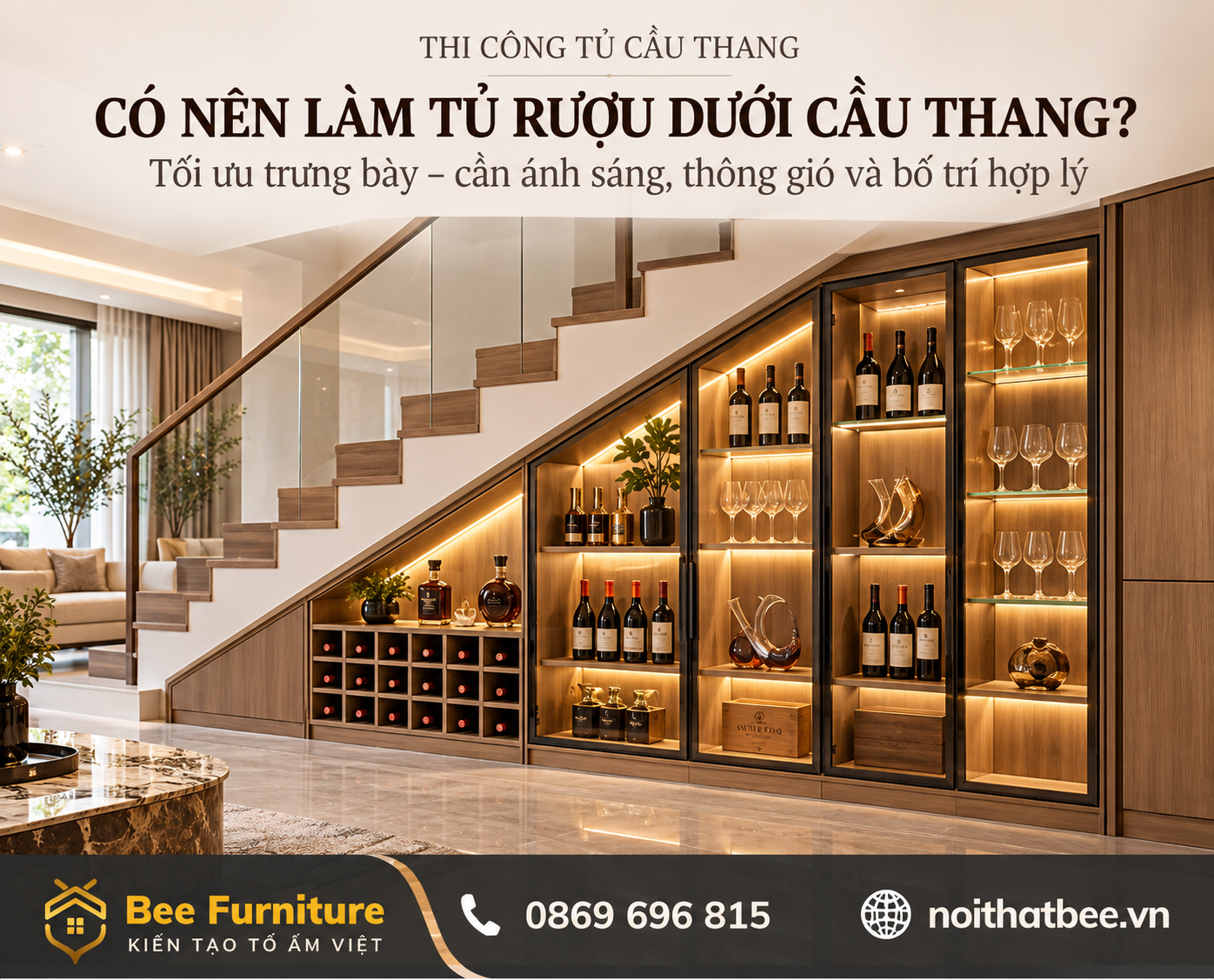 Có nên làm tủ rượu dưới cầu thang?