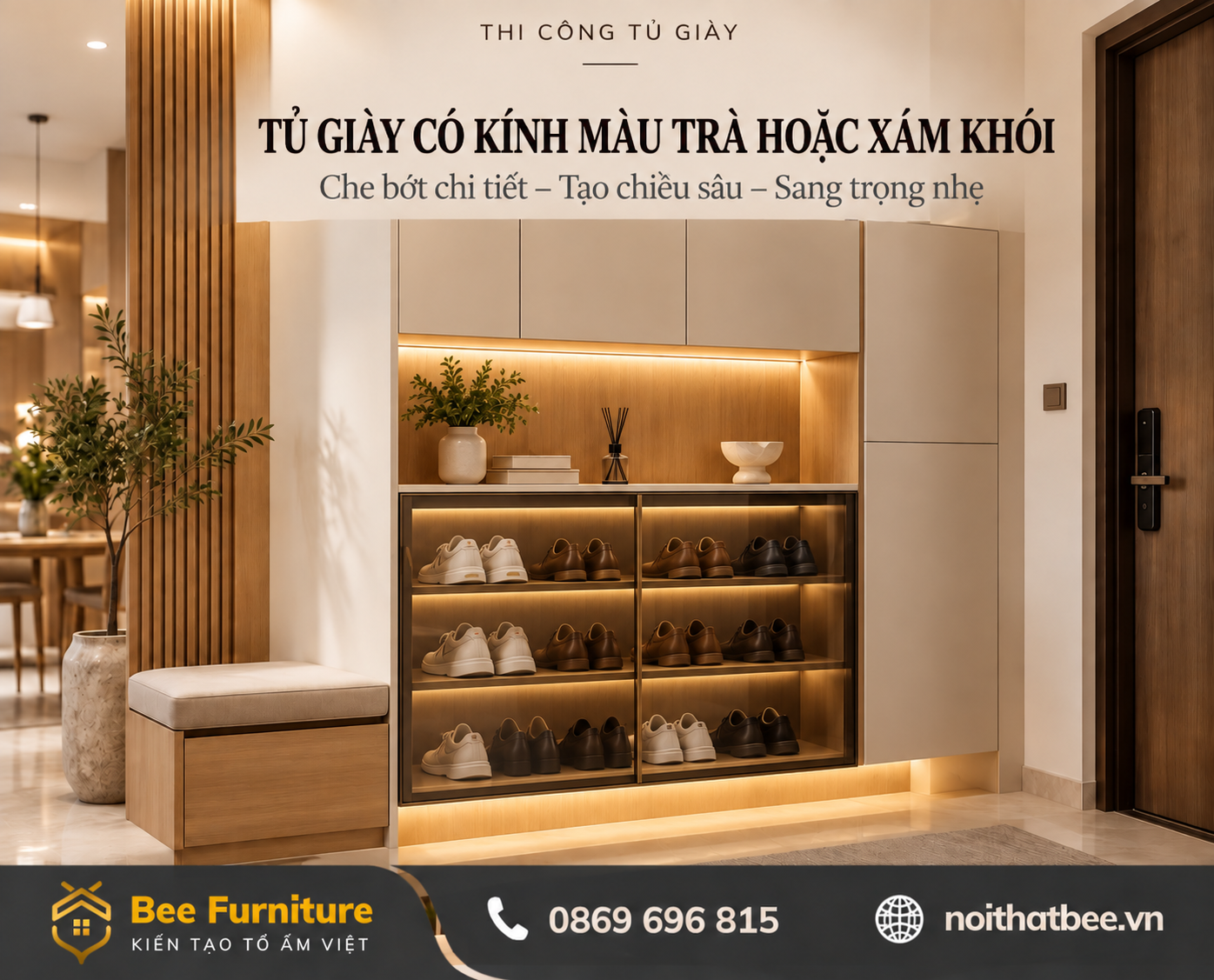 Tủ giày có kính màu trà hoặc xám khói