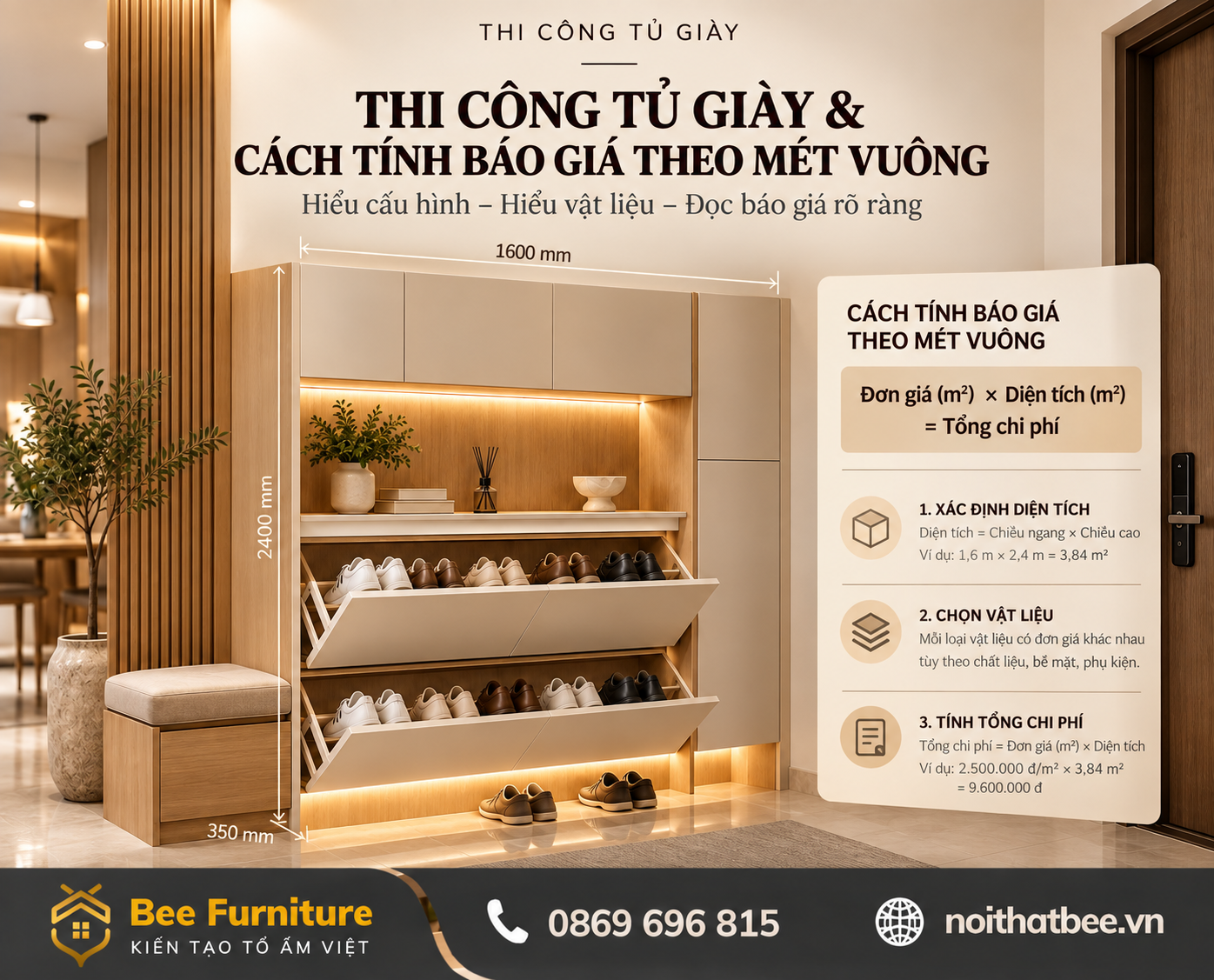Thi công tủ giày và cách tính báo giá theo mét vuông