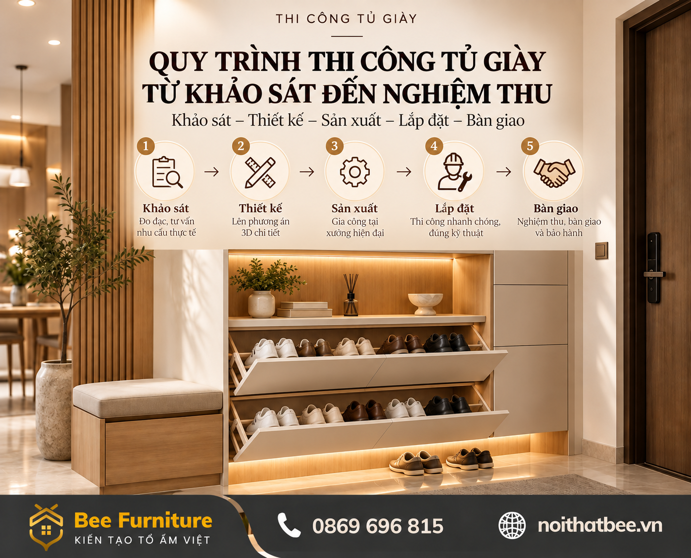 Quy trình thi công tủ giày từ khảo sát đến nghiệm thu