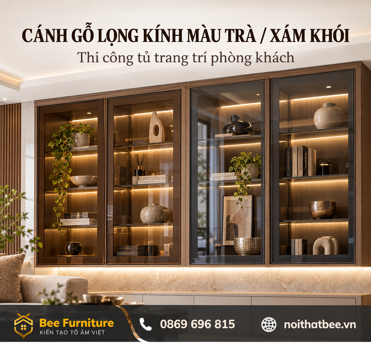 Cánh gỗ lọng kính màu trà hoặc xám khói