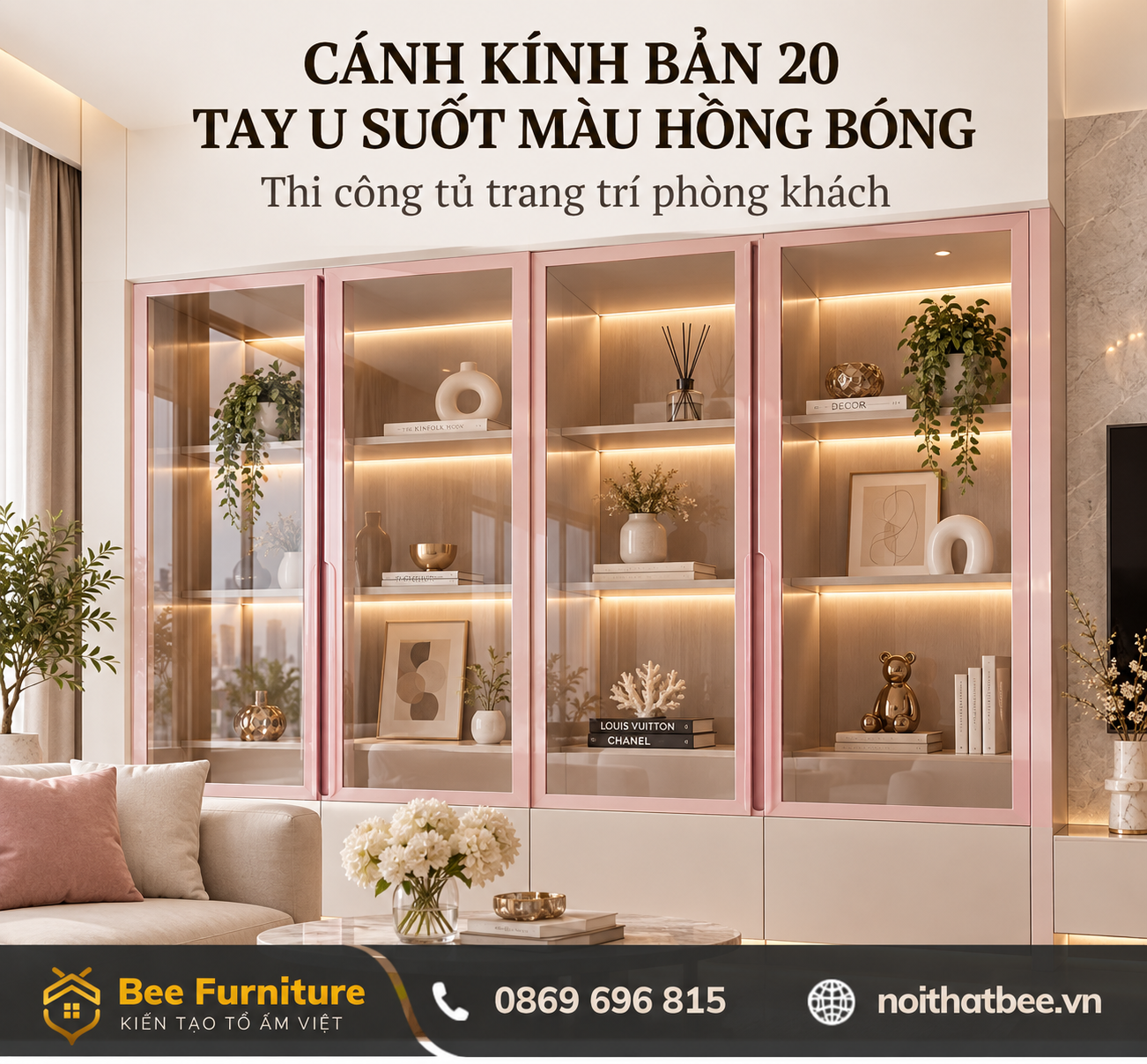 Cánh kính bản 20 tay U suốt màu hồng bóng