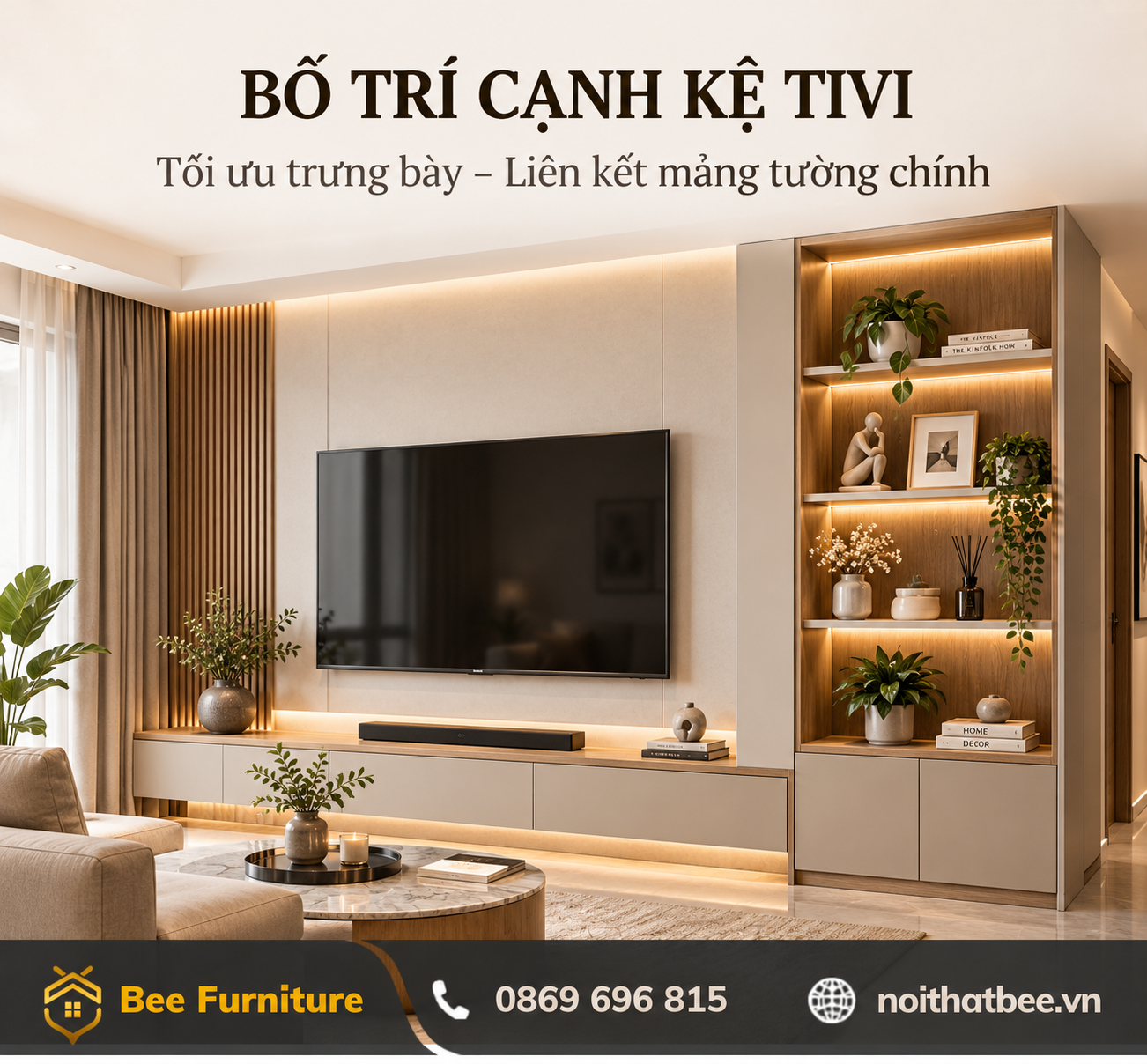 Bố trí tủ trang trí cạnh kệ tivi