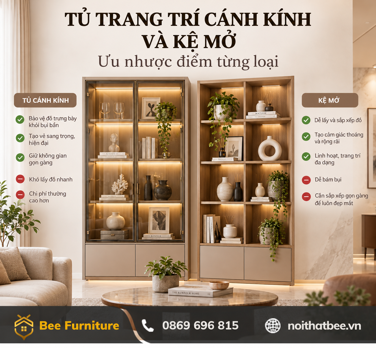 Tủ trang trí cánh kính và kệ mở: ưu nhược điểm từng loại