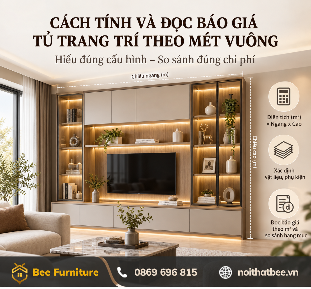 Cách tính và đọc báo giá tủ trang trí theo mét vuông
