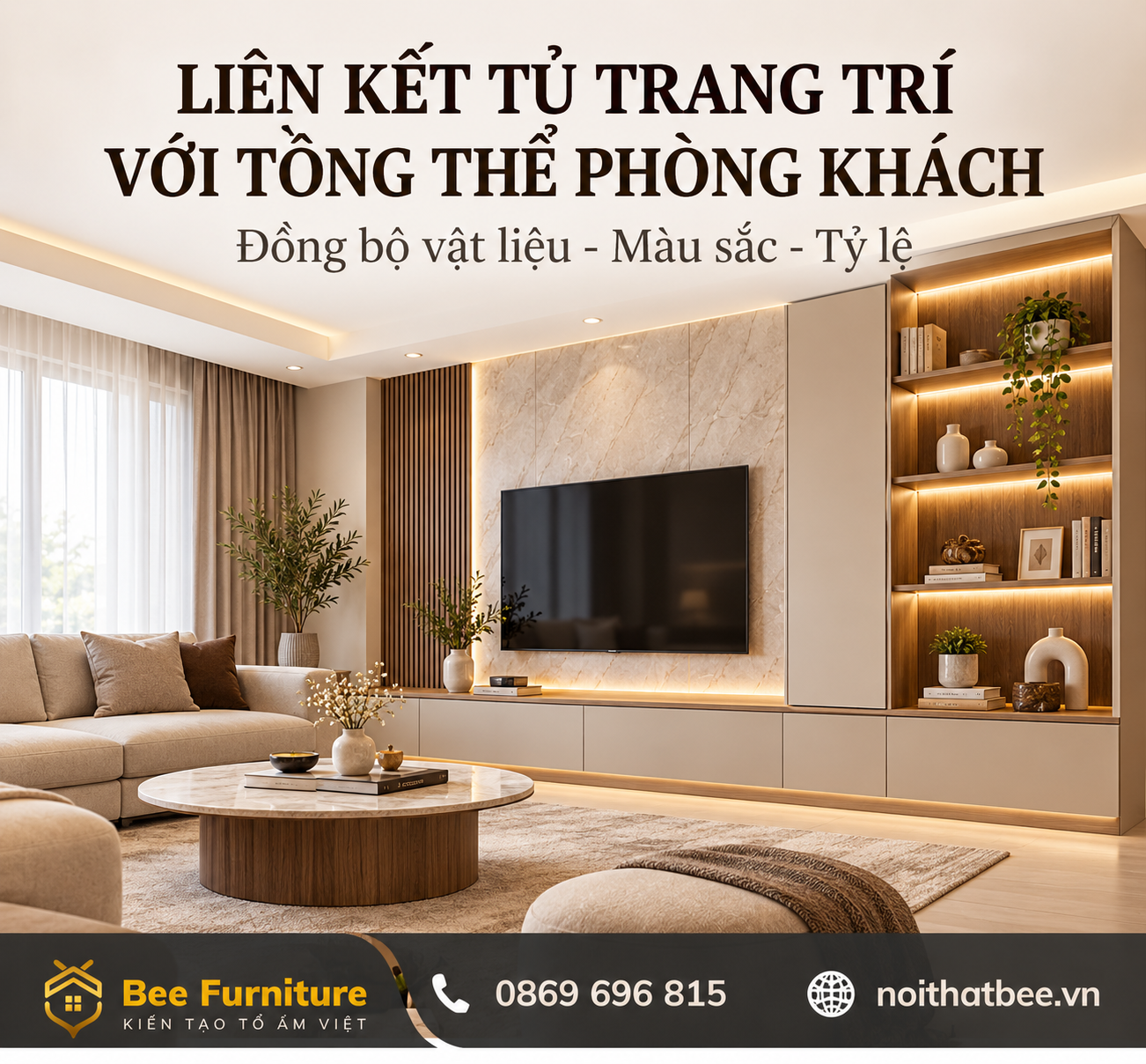 Liên kết tủ trang trí với tổng thể thi công nội thất phòng khách