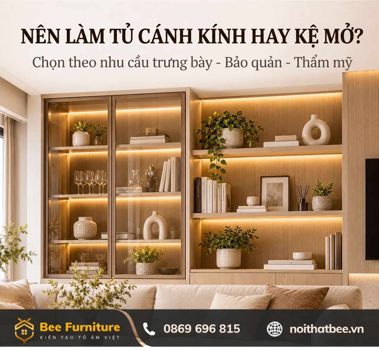 Nên làm tủ cánh kính hay kệ mở?