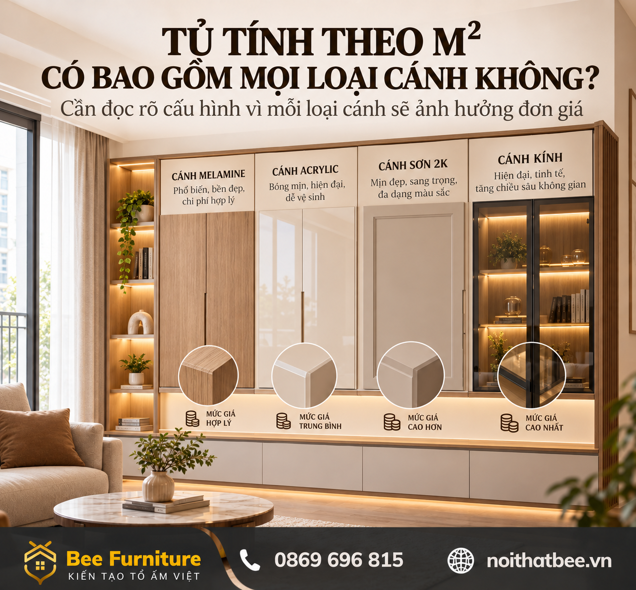 Tủ tính theo m² có bao gồm mọi loại cánh không?