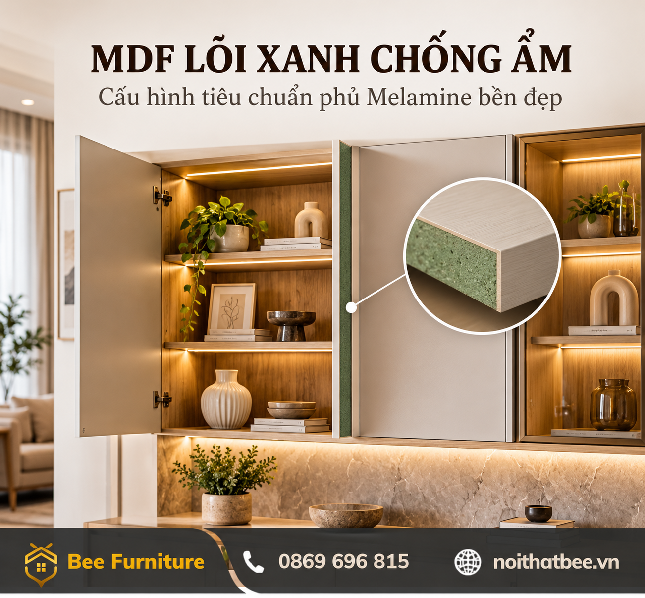 Cấu hình tiêu chuẩn MDF lõi xanh chống ẩm phủ Melamine