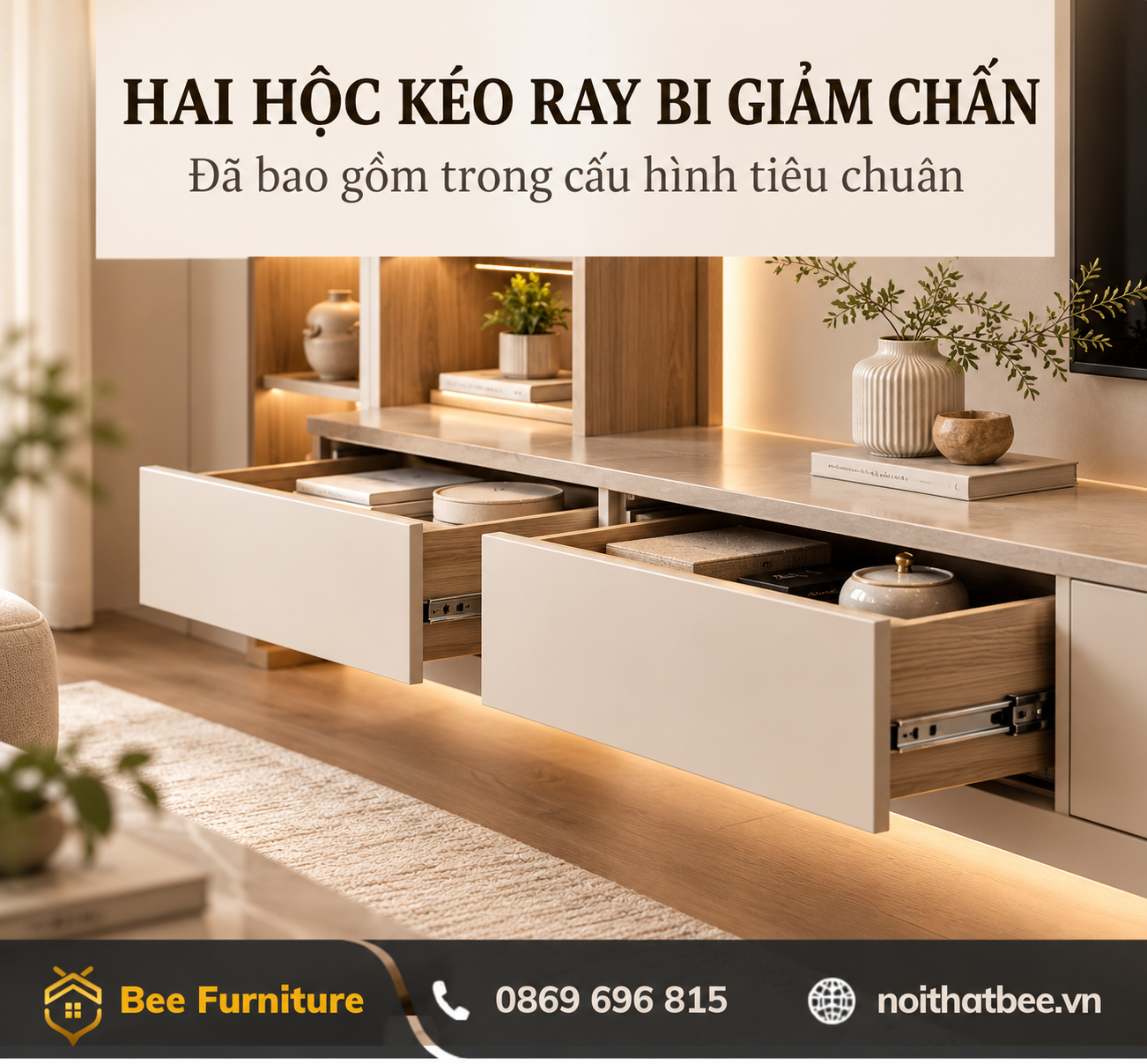 Hai hộc kéo ray bi giảm chấn